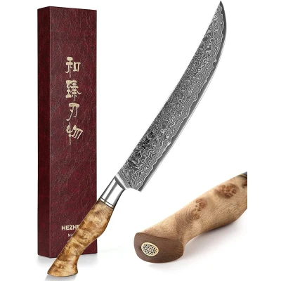 Afbeelding van HEZHEN Vleesmes 10&quot; VG10 Damascus staal (67 lagen) Professioneel koksmes van de B30 Series Handvat Plataanhout met Klinknagel Mozaïek