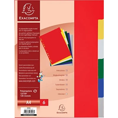 Image de Exacompta Réf. 3006E Intercalaires en polypropylène souple avec 6 onglets neutres Indéchirables Format à classer A4 Dimensions 22,5 x 29,7 cm Couleurs assorties