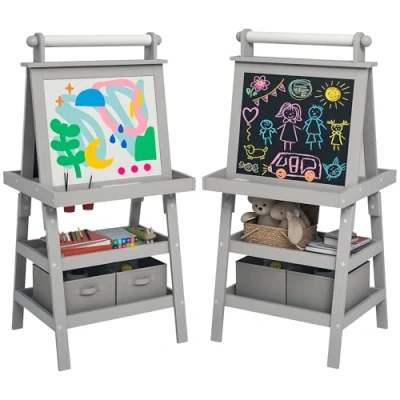 Afbeelding van AIYAPLAY Kinderezel 3 in 1 dubbelzijdig kinderbord met magnetisch whiteboard krijtbord papierrol + 2 geïntegreerde opbergmanden kinderen 6 jaar van hout grijs