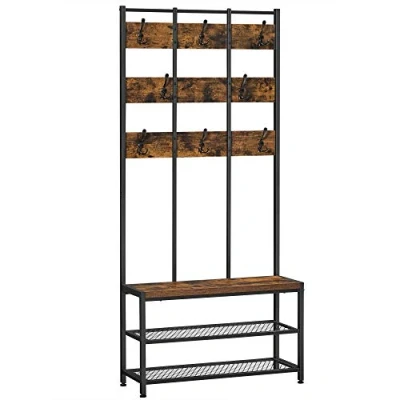 Afbeelding van VASAGLE kapstok, kledingstandaard, met 8 haken en zitje, 2 roosterplanken, in de gang, woonkamer, metalen frame, industriële stijl, vintage bruinzwart HSR087B01