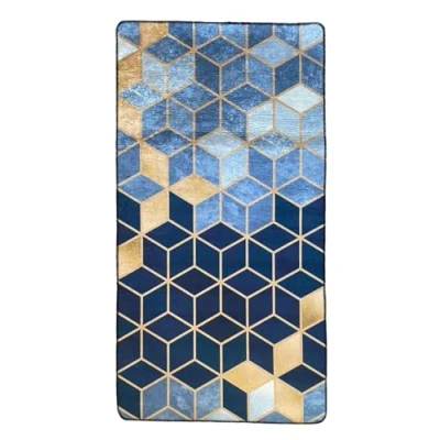 Afbeelding van Mani Textile Luxe tapijt, goudkleurig, blauw, afmetingen 80 x 150 cm