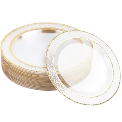 Afbeelding van 20 transparante plastic borden met gouden rand voor bruiloften, doopfeesten, verjaardagen, trouwen en feesten, 26 cm, herbruikbaar stabiel