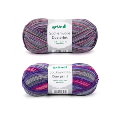 Afbeelding van Gründl 2 x 100 g sokkenwol (75% scheerwol (Superwash), 25% polyamide) + handleiding (mogelijk niet beschikbaar in het Nederlands), paars