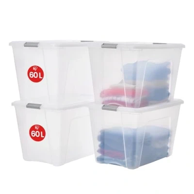 Afbeelding van Iris Ohyama, NTB 60 Opbergdoos van kunststof met deksel, l, 4 stuks, zilver, sluitclips, handgreep, stapelbaar, robuust en duurzaam, voor slaapkamer, kleedkamer, kantoor,