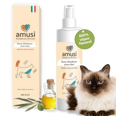 Afbeelding van amusi Katten Ontwarringsspray 250 ml 100% Natuurlijk en Vegan Ontwart verwijdert klitten Maakt de vacht zacht glanzend Zonder uitspoelen met een aangename geur. Geschikt voor alle vachttypes