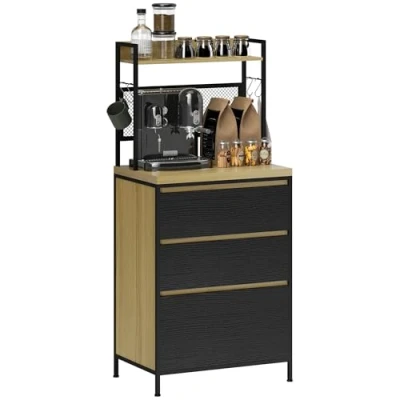 Afbeelding van HOMCOM Keukenkast, dressoir, keuken, industriële opbergkast met 3 laden, werkblad, plank en 4 haken, magnetronkast voor eetkamer, woonkamer, 60 x 40 132 cm, natuurlijk hout