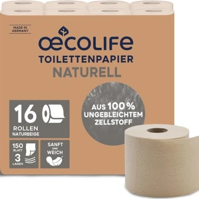 Afbeelding van oecolife Natuurlijk toiletpapier, 3 laags, 16 x 150 vellen, ultrazacht, plasticvrije verpakking, veganistisch, duurzaam verpakking met 60% PCR