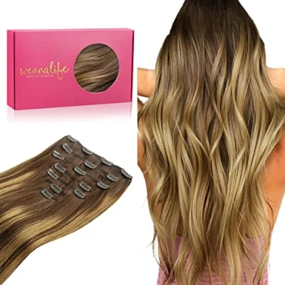 Image de WENNALIFE Extensions de cheveux humains à clipser, 45 cm, 120 g, 7 pièces Balayage brun chocolat blond caramel clipser en Remy
