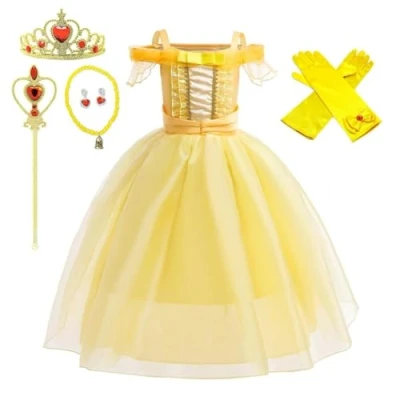 Afbeelding van Lito Angels Verkleedjurk prinsessenjurk Belle kostuum met accessoires kinderen meisjes, maat 4 5 jaar, geel