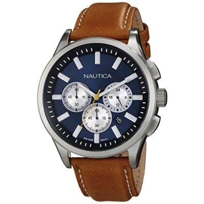 Afbeelding van Nautica N16695G NCT 17 quartz herenhorloge geborsteld roestvrij staal met Bruine band, armband, horloge, kwartshorloge