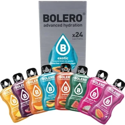 Image de Bolero EXOTIC MIX 24 x 3 g Jus en poudre sans sucre, sucré avec de la stévia + vitamine C gluten et adapté aux végétaliens Mélange différentes saveurs exotiques