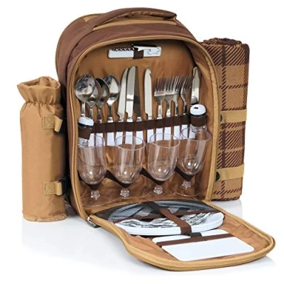 Afbeelding van CampFeuer Picknickrugzak voor 4 personen (bruin) 32 delige picknickset met flessenhouder en fleecedeken, groot koelvak, servies bestek