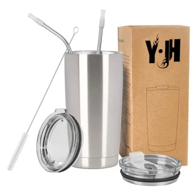Afbeelding van Y·J&amp;H 600 ml reisbeker, dubbelwandig, vacuüm geïsoleerd, roestvrij staal, met 2 spatdeksels, rietjes en afvoerborstel, BPA vrij, zilverkleurig