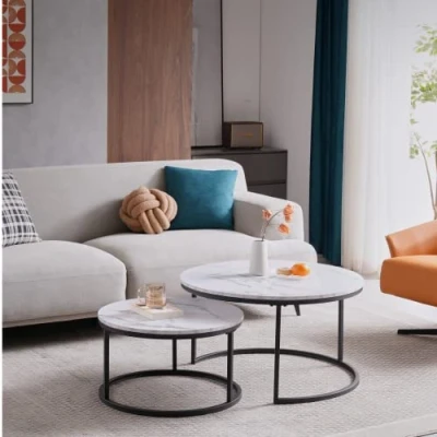 Afbeelding van HJhomeheart Set van 2 ronde bijzettafels, salontafel, groot: 60 x 45 cm. Klein: 40 35 cm, zwart en wit