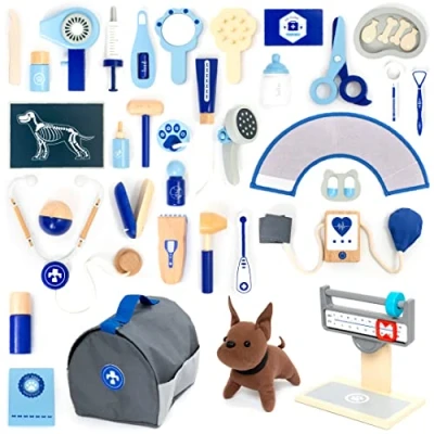 Afbeelding van UMU® Set van 37 houten dierenartsen speelgoed voor kinderen met pluche hond, stethoscoop, bloeddrukmeter enz. Dierenartsspeelgoed 3, 4, 5 jaar, meisjes en jongens