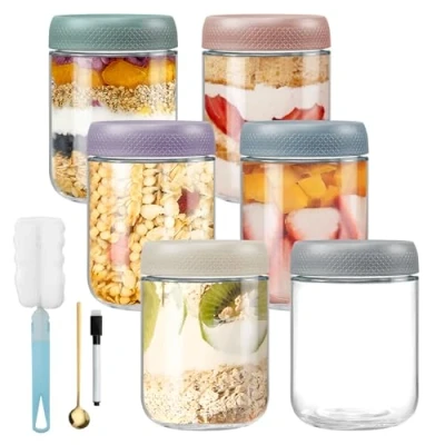 Afbeelding van Feelhap Overnight Oats Set van 6 Weckpotten 500 ml Met schroefdeksel, pen en reinigingsborstel voor zelfgemaakte jam, babyvoeding, conserven, zuurdesemglas