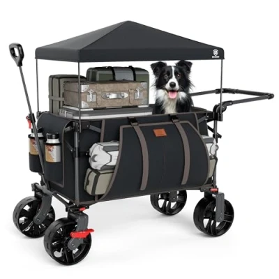 Afbeelding van EVER ADVANCED Festivalwagen op wielen met afneembare luifel, robuuste campingwagen van 150 kg, Push &amp; Pull strandwagen 3 grote zakken, tuinwagen, viswagen