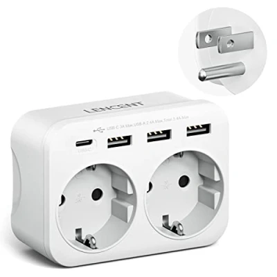 Afbeelding van LENCENT USA/VS stekkeradapter, Amerikaanse reisadapter met 3 USB poorten en 1 C poort, Spaans Europa 2 polig naar pins VS voor Mexico, Canada, Thailand, Peru,