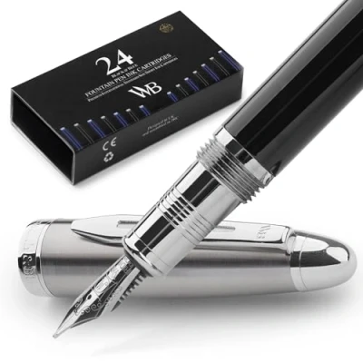 Afbeelding van Wordsworth &amp; Black Majesti Vulpen zwart chroom met luxe roestvrijstalen etui; medium punt inktpatronen, navulbare inktconverter, kalligrafiepen, beste