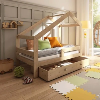 Afbeelding van Need Sleep Huisbed met Lade Montessori Kinderbed 90x180 cm Houten Bed voor Kinderen Asymmetrisch Dak