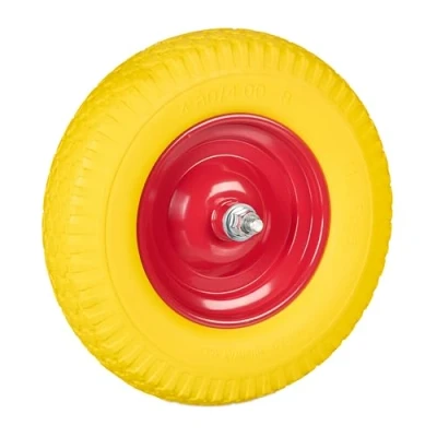 Image de Relaxdays roue de brouette 4.00 8, en caoutchouc plein avec essieu, rechange, anti crevaison, charge maximale 100 kg, jaune/rouge