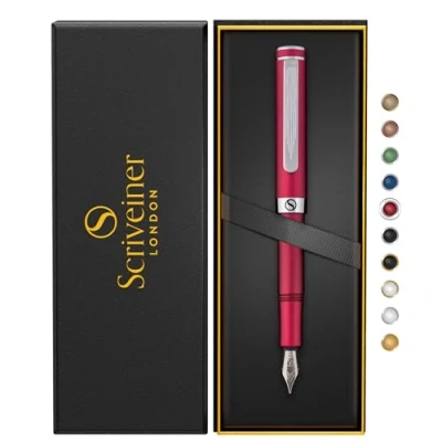 Afbeelding van Scriveiner Luxe EDC vulpen (dun), leuke zakpen met matte rode afwerking, Duitse Schmidt veer, converter, cadeauset schrijfpen voor mannen en vrouwen, kantoorvulpen