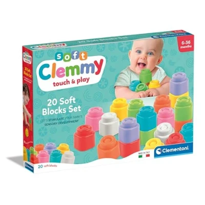 Afbeelding van Clementoni Set van 20 bouwsets voor jonge kinderen, zachte Clemmy stenen, kinderblokken 6 maanden, sensorisch spel, stapelbaar en wasbaar, gemaakt in Italië, meerkleurig, 17989