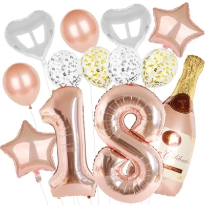 Afbeelding van Verjaardagsdecoratie voor de 18e verjaardag, meisjes, 15 stuks folieballonnen met cijfers in roségoud en roségoud, heliumconfettiballonnen verjaardagsfeest, meisjes (18 jaar)