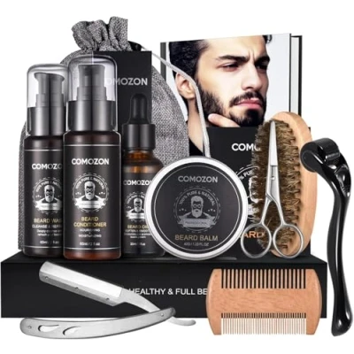 Afbeelding van Baardset voor heren, compleet, 12 in 1, baardverzorgingsset heren met baardrol, baardolie, baardshampoo, baardcrème, baardkam, baardschaar, baardborstel, scheerapparaat, 10 baardmessen