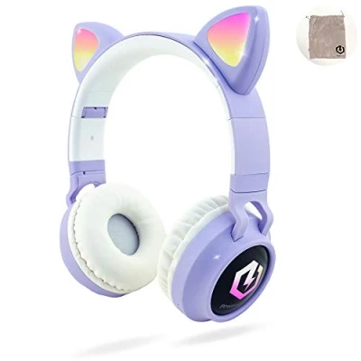 Afbeelding van PowerLocus draadloze Bluetooth hoofdtelefoon voor kinderen, over ear met kattenoren, ledverlichting, opvouwbaar microfoon, beperkt volume, en bekabelde