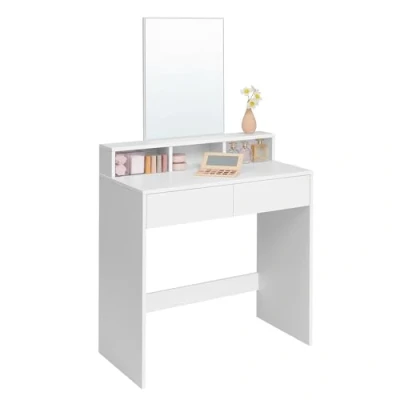 Afbeelding van VASAGLE RDT113W01 Make uptafel met rechthoekige spiegel en 2 laden, 3 open vakken, moderne kaptafel, wit