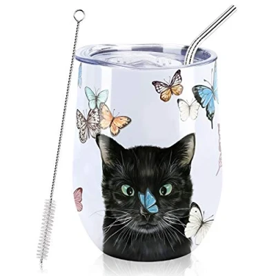 Afbeelding van Nymphfable 12oz Roestvrijstalen Beker Met Deksel En Rietje Wijn Tumbler Katten GeïSoleerde Reismok Dubbelwandig