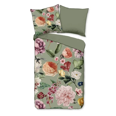 Afbeelding van Satijnen Dekbedovertrek 155x220 cm Bloemenprint Groen 1 Persoons 100% Katoen Satijn