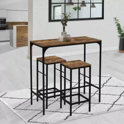 Afbeelding van Ensemble table haute de bar DAYTON 100 cm et 2 tabourets effet vieilli design industriel