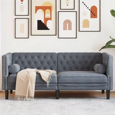 Image de vidaXL Canapé Chesterfield avec traversins 2 places gris foncé velours372684