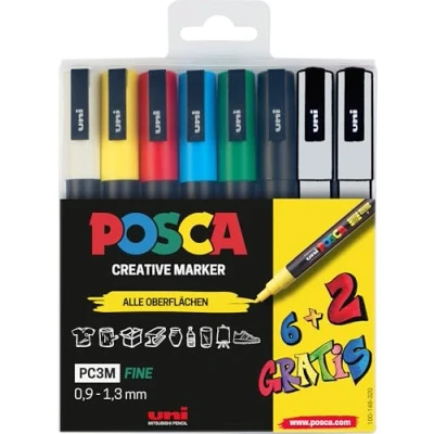 Afbeelding van Uni ball Posca 186825 acrylstiften, PC 3M, 0,9 1,3 mm, 6 standaardkleuren + 2 wisselende kleuren, 8 stuks