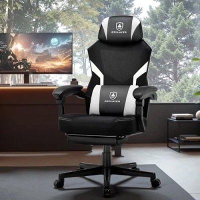 Afbeelding van GTPLAYER Chaise Gaming avec Repose Pieds, de Bureau Ergonomique Dossier en Maille, Jeu Tissu pour la Maison et Le (Blanc)