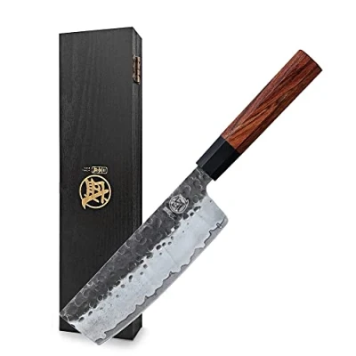 Afbeelding van MITSUMOTO SAKARI Japans Nakiri mes 18 cm, professioneel keukenmes met de hand gesmeed, groentemes van koolstofstaal (rozenhouten handvat en geschenkdoos)