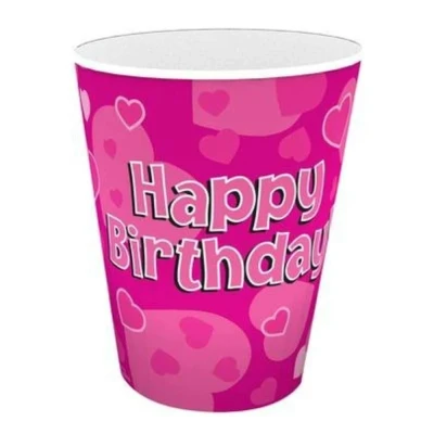 Afbeelding van Beker Happy Birthday! roze met harten 8 stuks