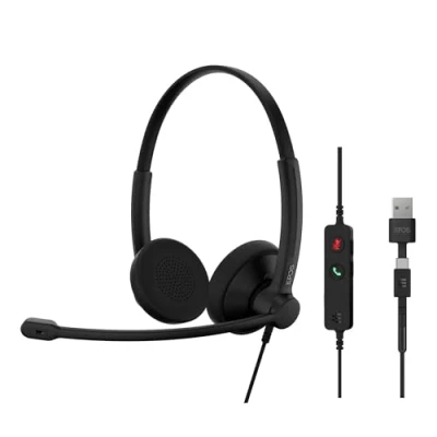 Afbeelding van EPOS Impact 100 UC casque stéréo USB C+A avec microphone, communications universelles, réduction du bruit, léger, adaptateur USB, UC, professionnel, coussinets doux, noir