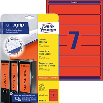 Afbeelding van Avery Zweckform L4762 20 Ordnerrugetiketten Ft 19,2 X 3,8 Cm (b H), 140 Etiketten, Rood Etiket