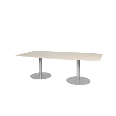 Afbeelding van Linesto 240x120cm tonvormige vergadertafel op vaste hoogte (74cm) met lindberg (licht) eiken 25mm blad en aluminium (RAL9006) trompetvoeten