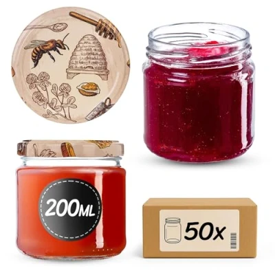 Afbeelding van KADAX Lot de 50 petits bocaux à confiture, ronds, 200 ml, diamètre : 66 mm, pour miel et épices, hermétiques, trèfle