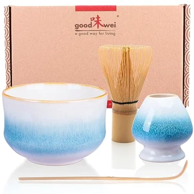 Afbeelding van Goodwei Matcha theeset Japanse met bamboe garde, ceremonieschaal van keramiek en gardehouder, geschenkdoos (roindo, 80)