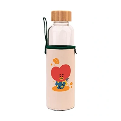 Afbeelding van Erik BT21 Tata glazen fles inhoud 50 cl met bamboe sluiting en bescherming inclusief neopreen etui polsband drinkfles van glas