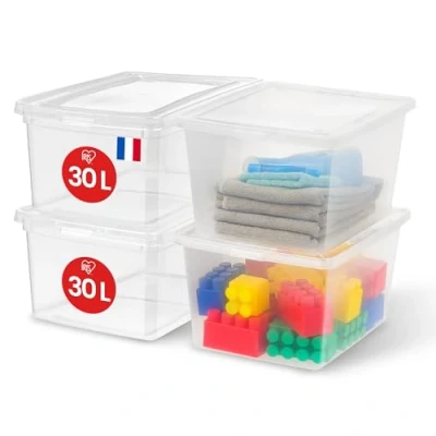 Afbeelding van Iris Ohyama, Opbergdoos van kunststof, multifunctioneel, 30 l, 4 stuks, transparant, gemakkelijk te sluiten, stapelbaar, voor slaapkamer, keuken, kantoor, badkamer, kleding, speelgoed, BPA vrij,