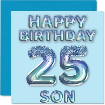 Afbeelding van Verjaardagskaart voor zoon 25 jaar, blauwe glitterballonnen, verjaardagskaarten jarige van mama en papa, 145 mm x