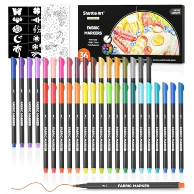 Afbeelding van Shuttle Art 36 stuks permanente textielmarkers, kleuren met fijne punt voor kleding, T shirts, schoenen 11 sjablonen, 1 stofvel, niet giftige markers kinderen en
