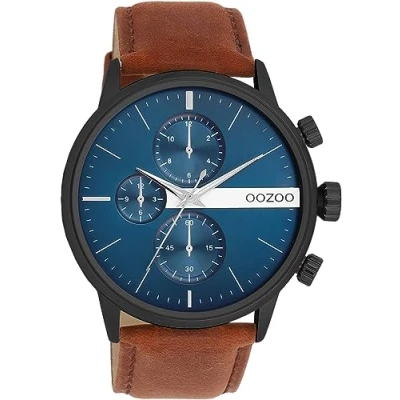Afbeelding van OOZOO Timepieces Zwarte horloge met bruine leren band C11222