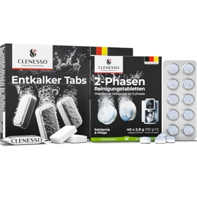 Afbeelding van CLENESSO Kit d&#039;entretien Power: détartrant machine à café (50 unités) + pastille nettoyage a cafe 2 phases (40 compatible avec Jura, Siemens, etc. entretien optimal